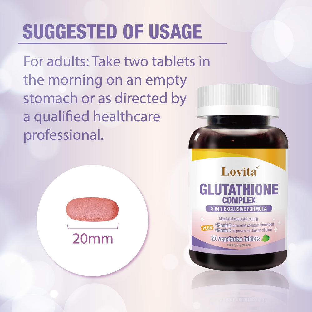 Dosage scene showing two tablets daily on an empty stomach with a glass of water.