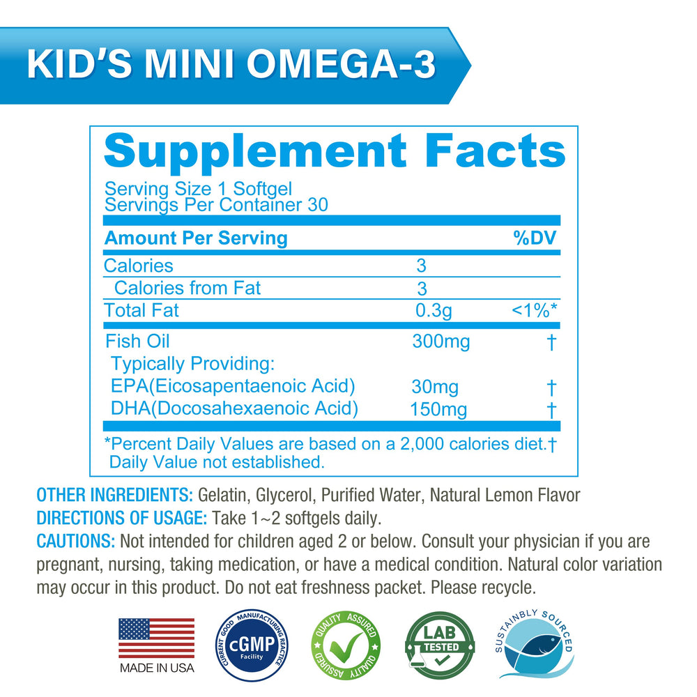 Lovita omega-3 bottle emphasizes lemon flavor for kid-friendly taste.