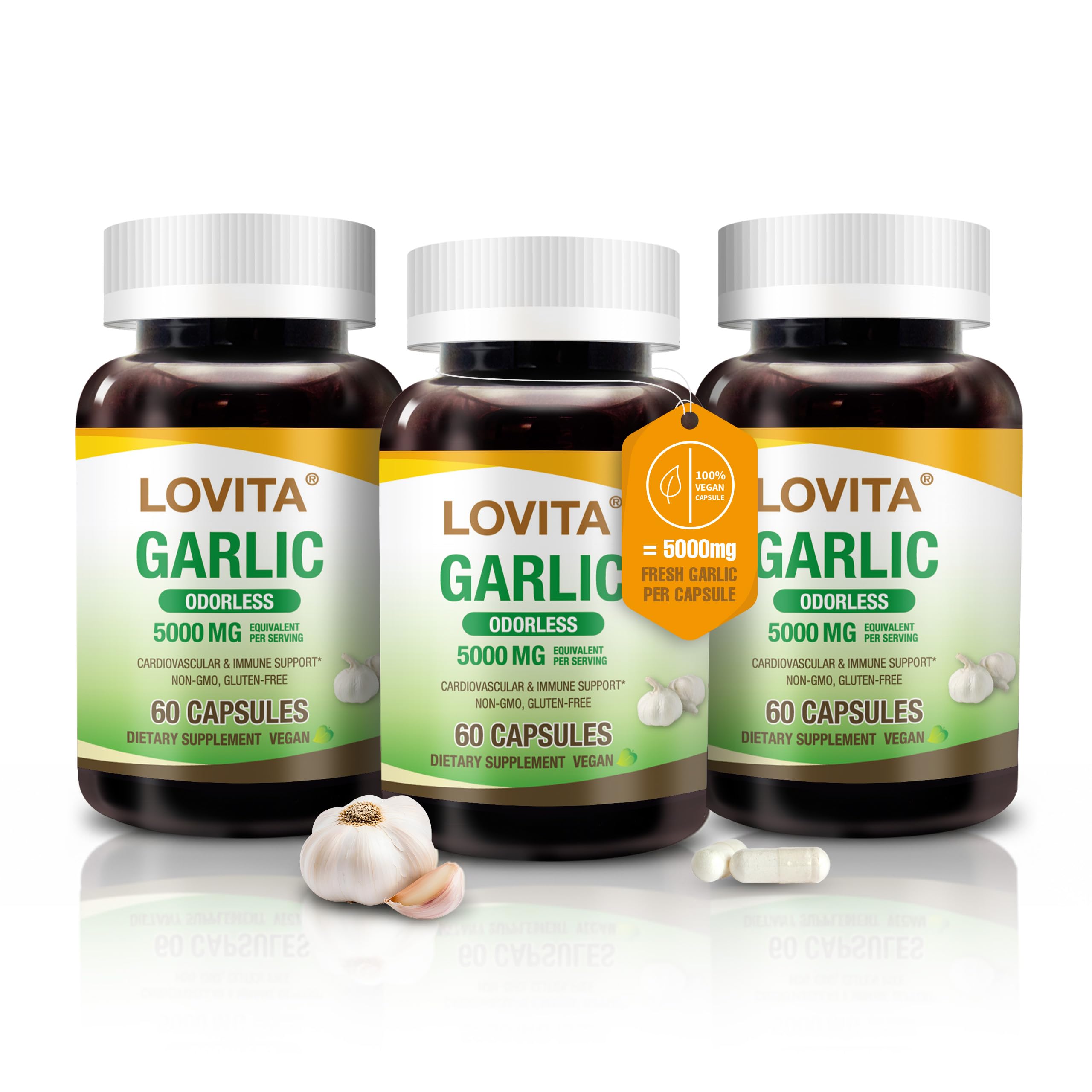 LOVITA odorless garlic capsules bottle front for daily heart and immune support