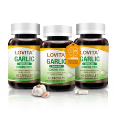 LOVITA odorless garlic capsules bottle front for daily heart and immune support