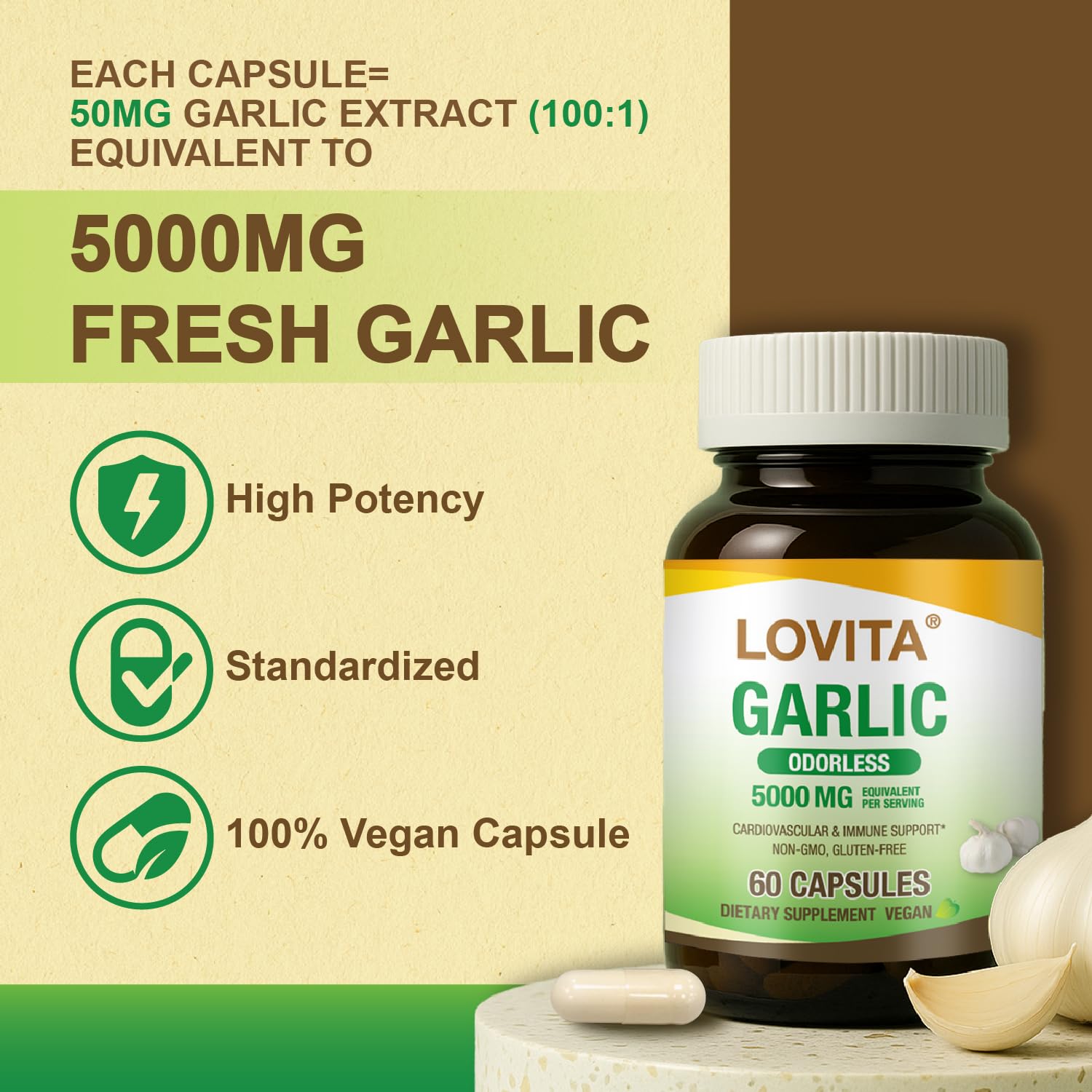 LOVITA garlic capsules bottle side label with dosage guidance for easy daily use