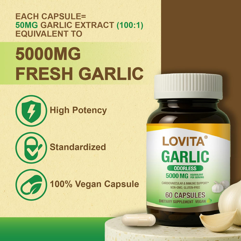 LOVITA garlic capsules bottle side label with dosage guidance for easy daily use