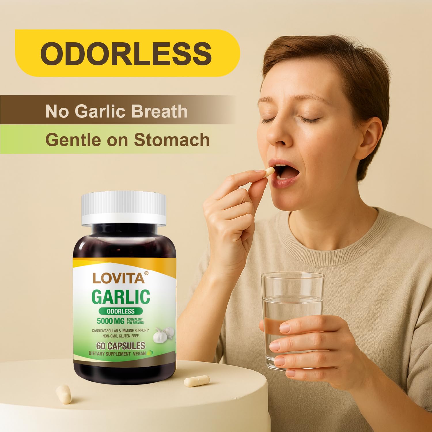Close-up of odorless capsule highlighting burpless design and easy swallowing