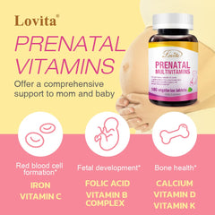 Lovita Prenatal ingredients nutrition panel shows essential nutrients for fetal development