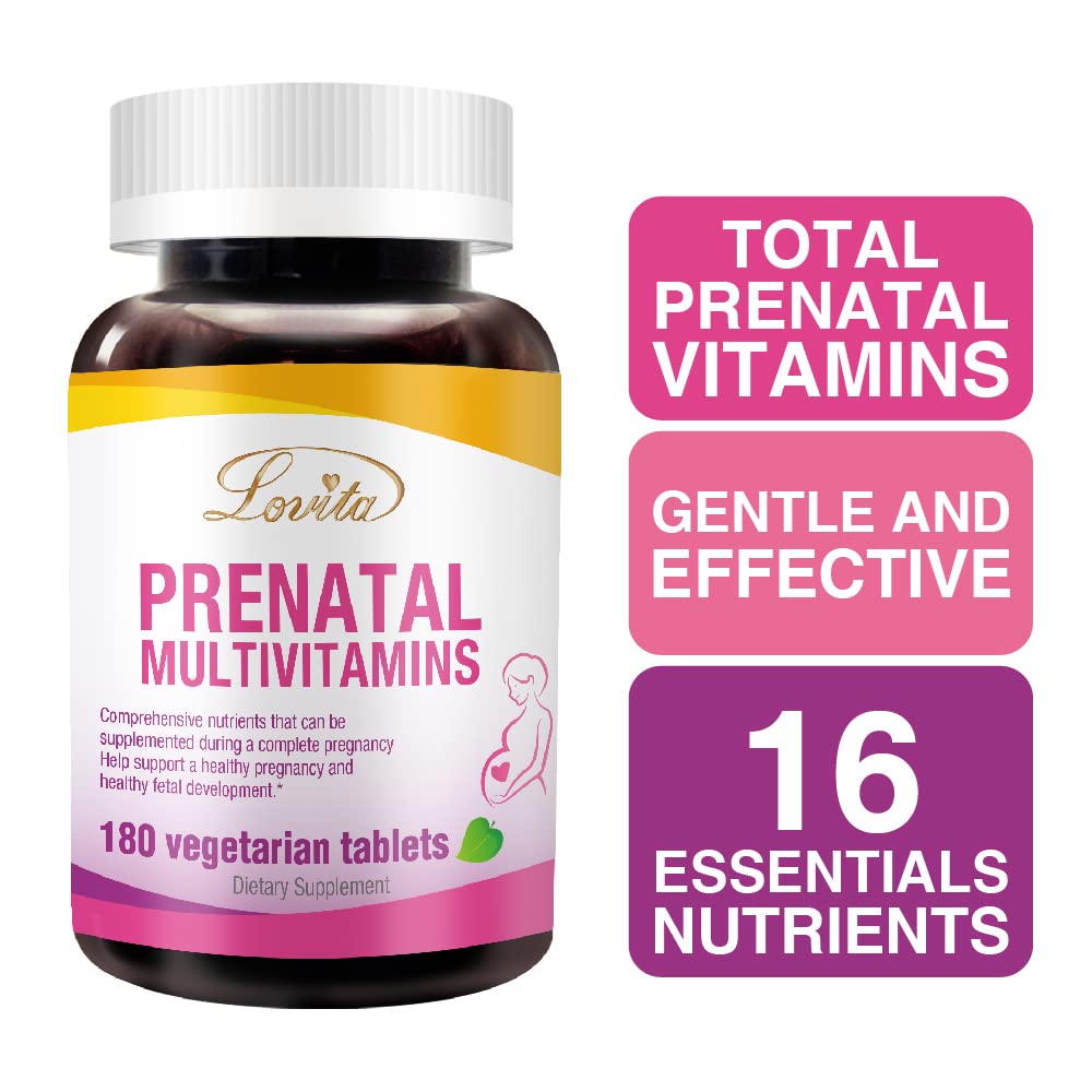 Lovita Prenatal tablets closeup highlighting vegan-friendly formula and gentle iron