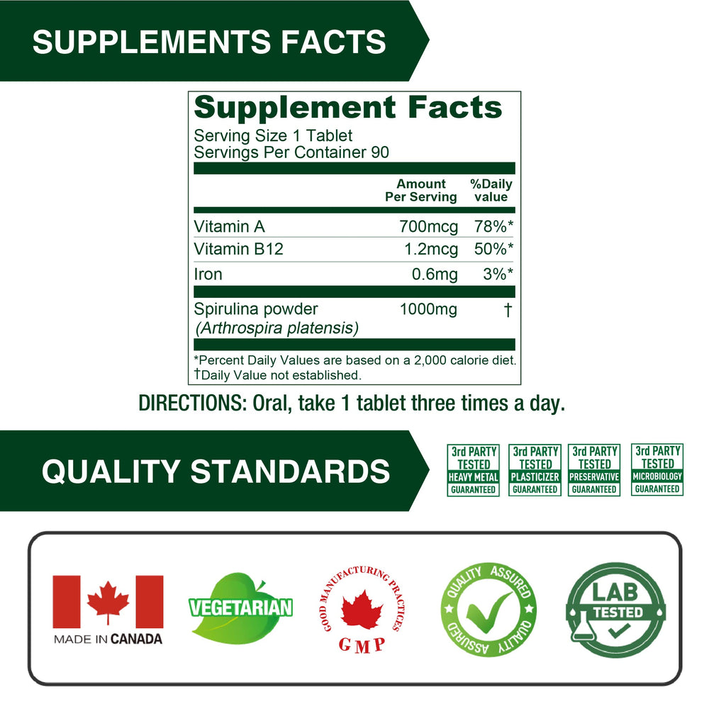 Spirulina bottle with ingredients panel from LOVITA emphasizing vegan, non-GMO