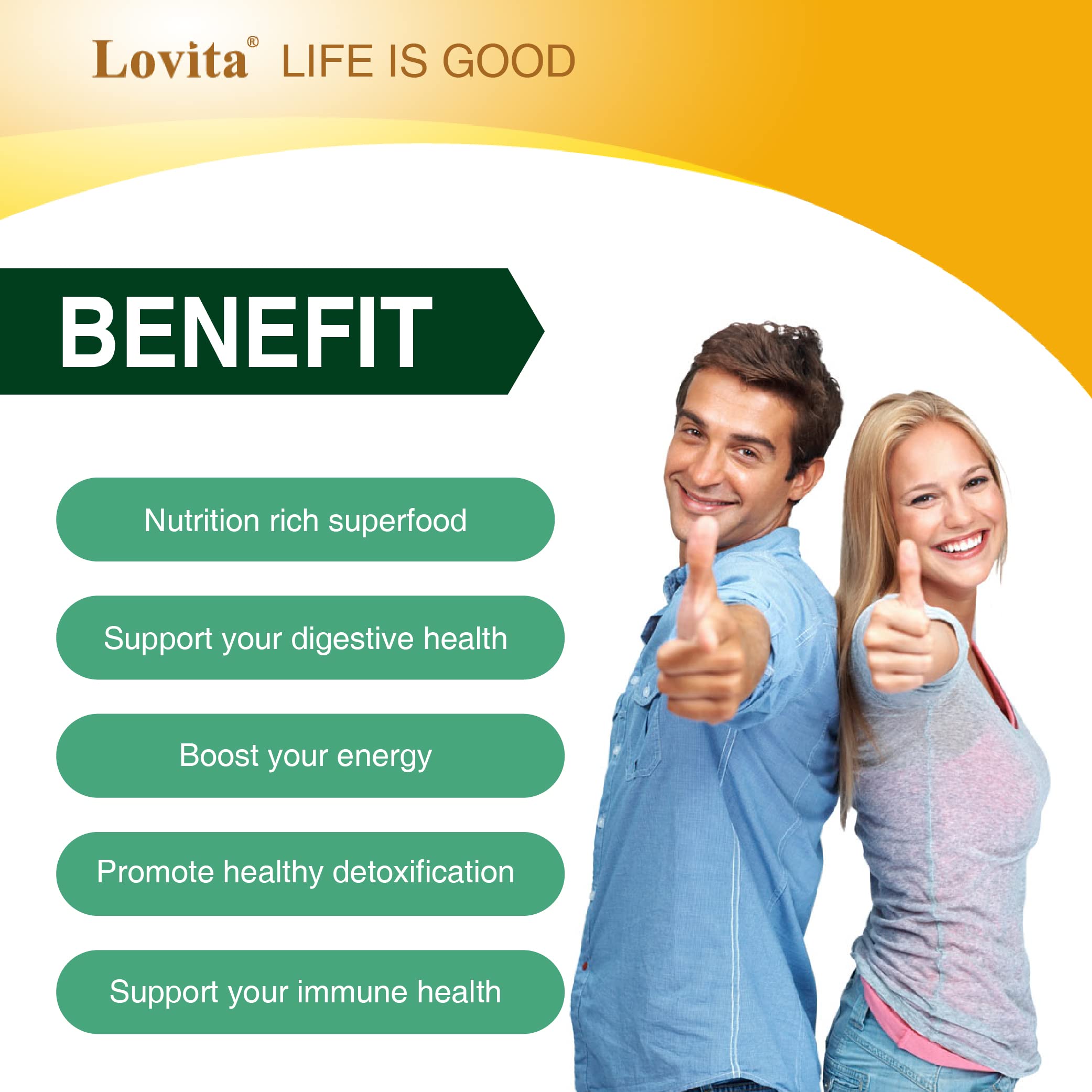 LOVITA spirulina nutrition facts highlighting protein and minerals