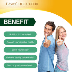 LOVITA spirulina nutrition facts highlighting protein and minerals