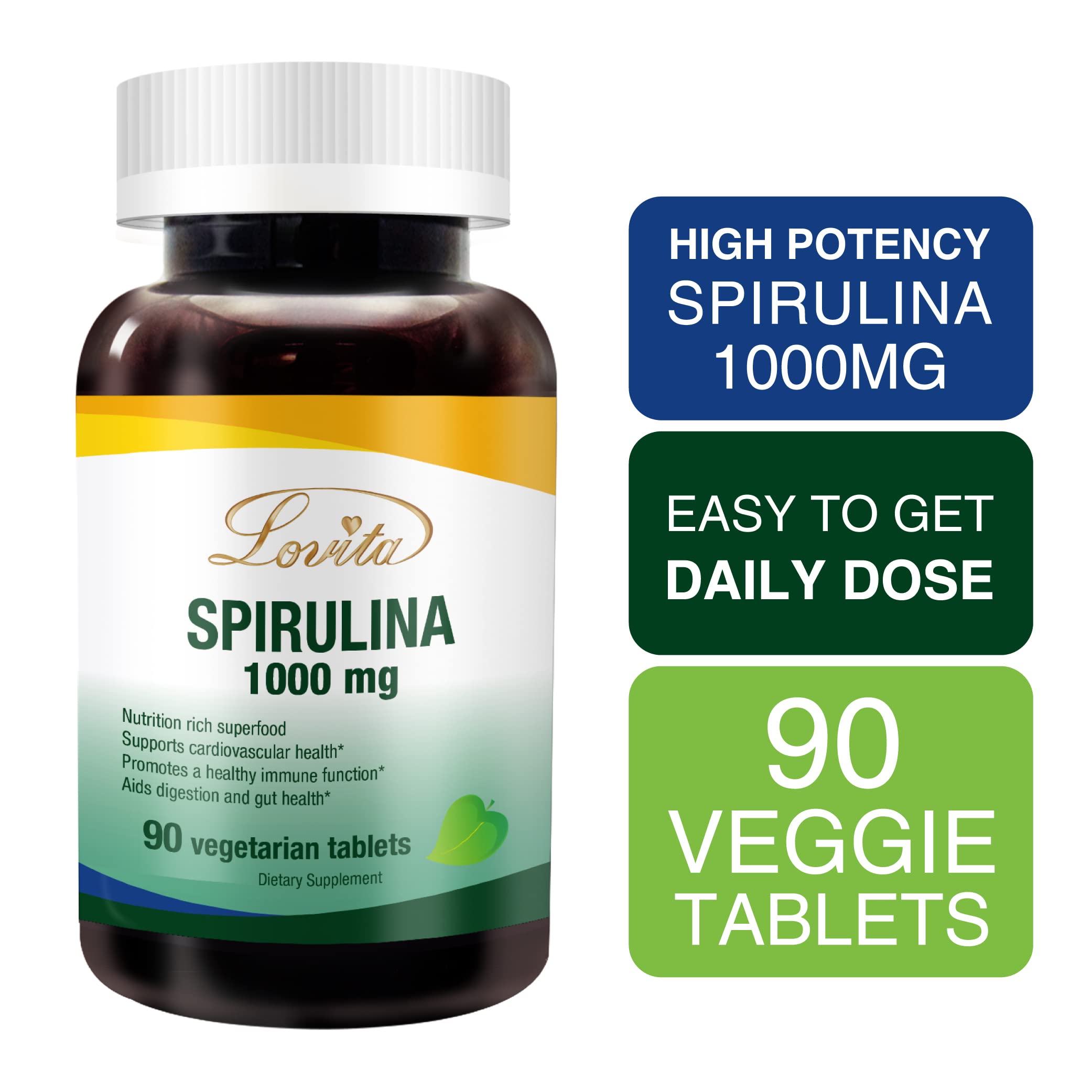 Close-up of LOVITA spirulina tablets showing vibrant green color