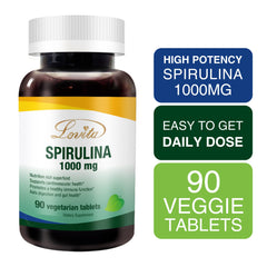 Close-up of LOVITA spirulina tablets showing vibrant green color