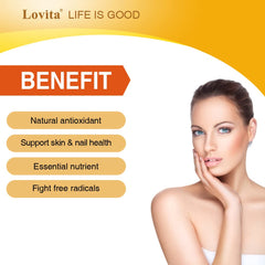 Vegan-friendly Lovita Vitamin E Softgels support skin, nails, and immune health.