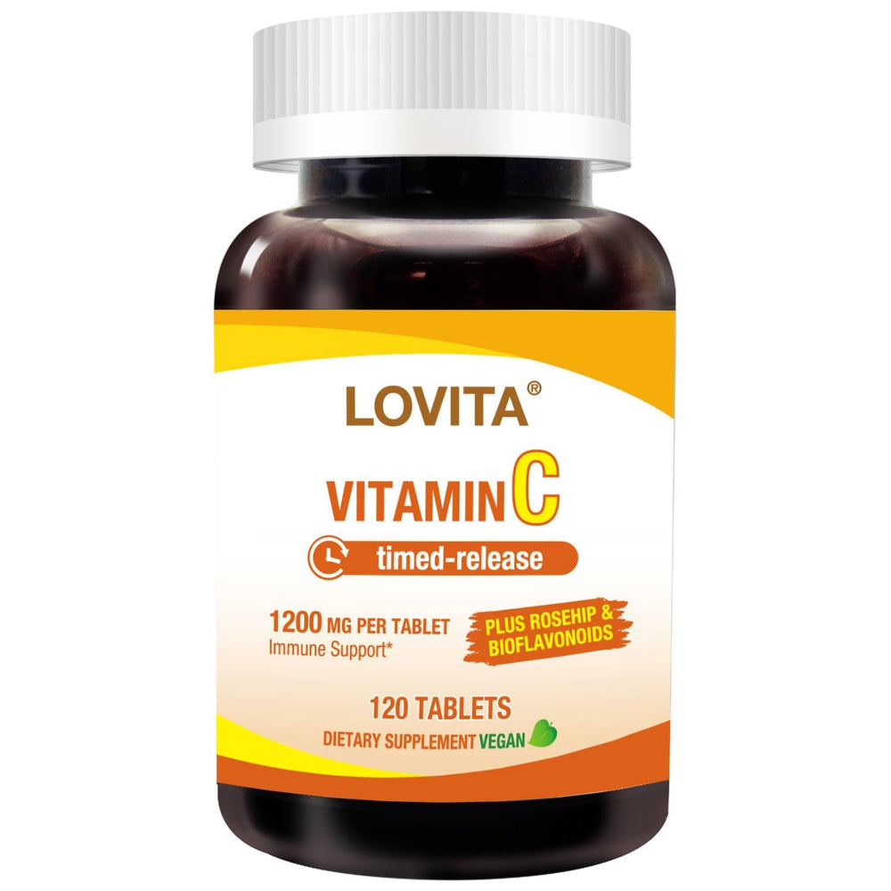 Lovita Vitamin C 1000mg bottle with rosehip and citrus bioflavonoids for daily immune support.