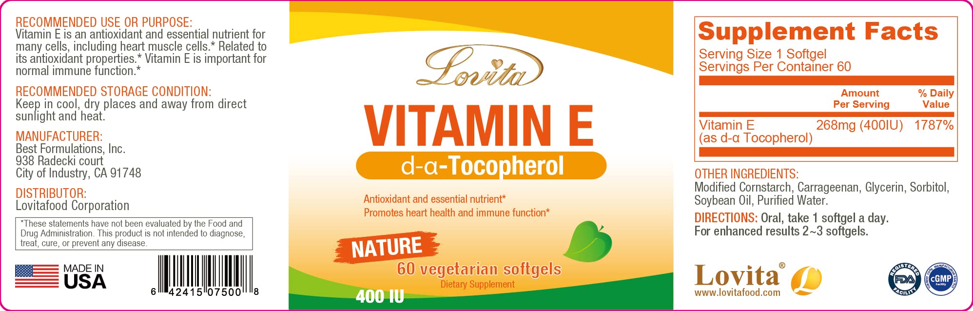 Lovita Vitamin E bottle with USA-made quality badge.