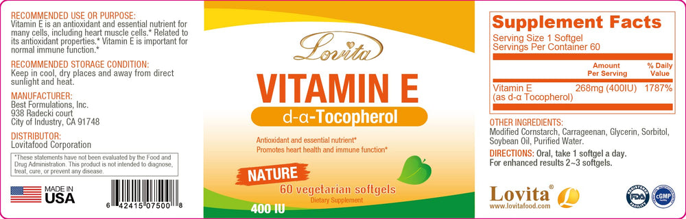Lovita Vitamin E bottle with USA-made quality badge.