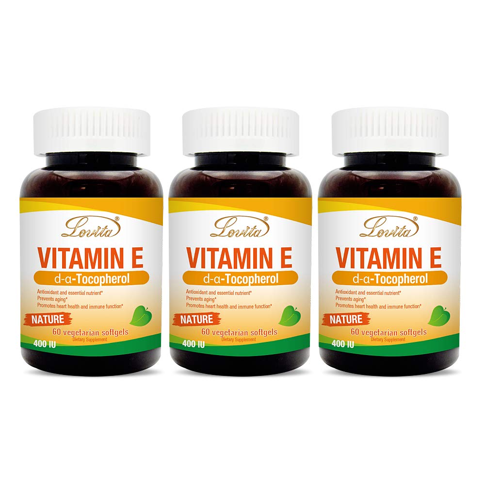 Lovita Vitamin E Softgels with natural 400 IU support healthy skin and hair.