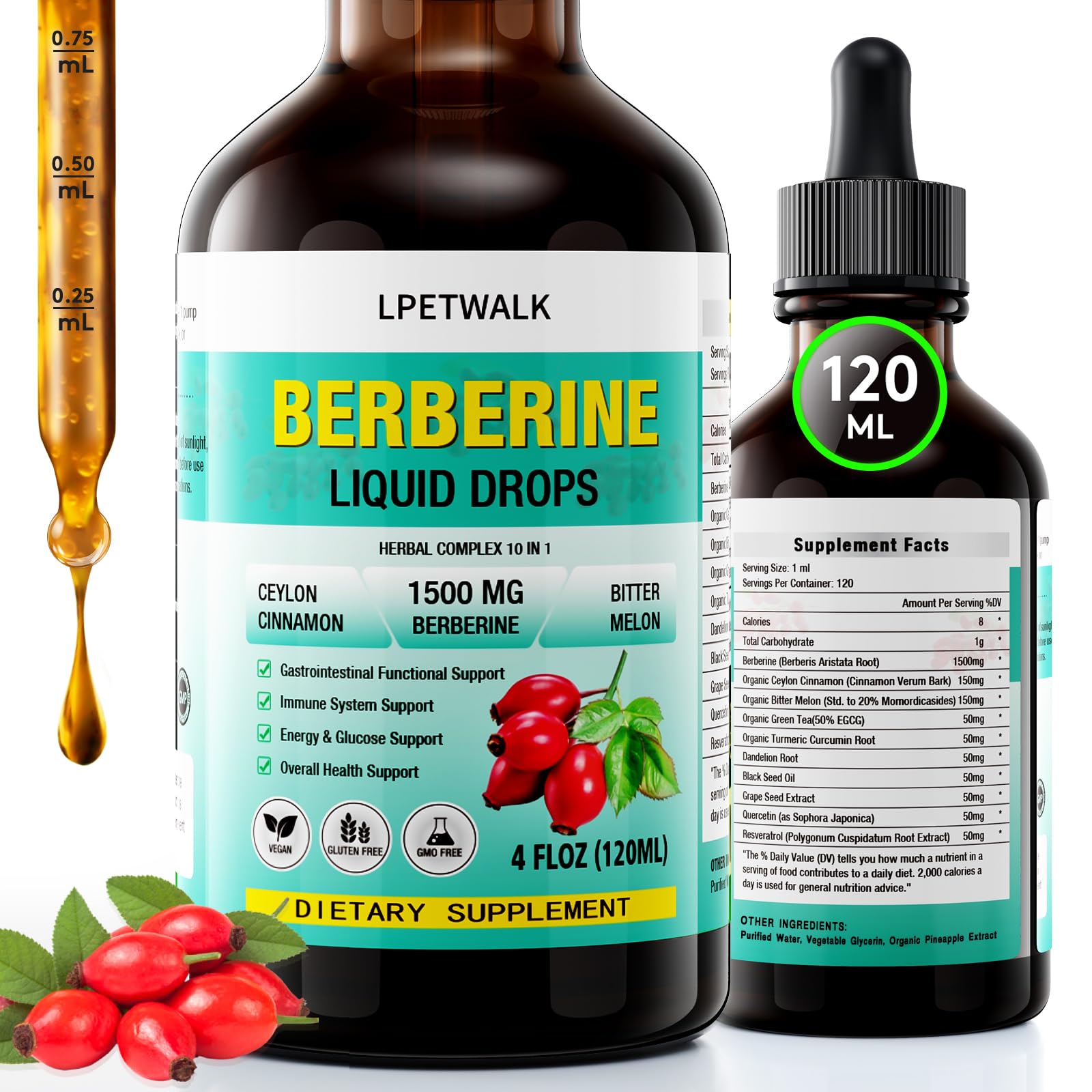 LPETWALK Berberine drops bottle highlighting liquid formula for easy absorption.