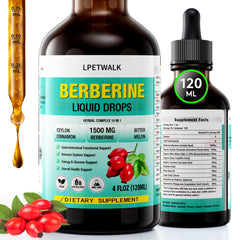 LPETWALK Berberine drops bottle highlighting liquid formula for easy absorption.