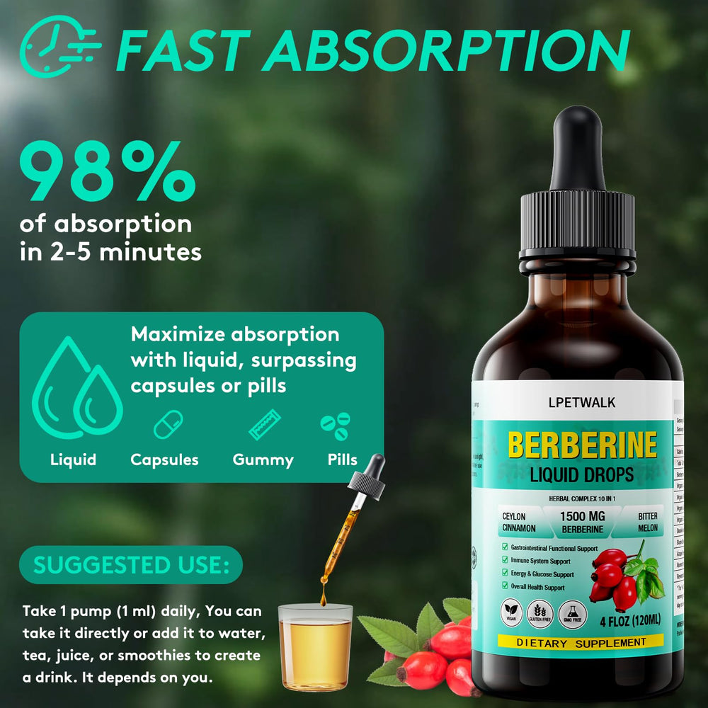 LPETWALK Berberine drops ingredients panel with cinnamon and aloe vera.