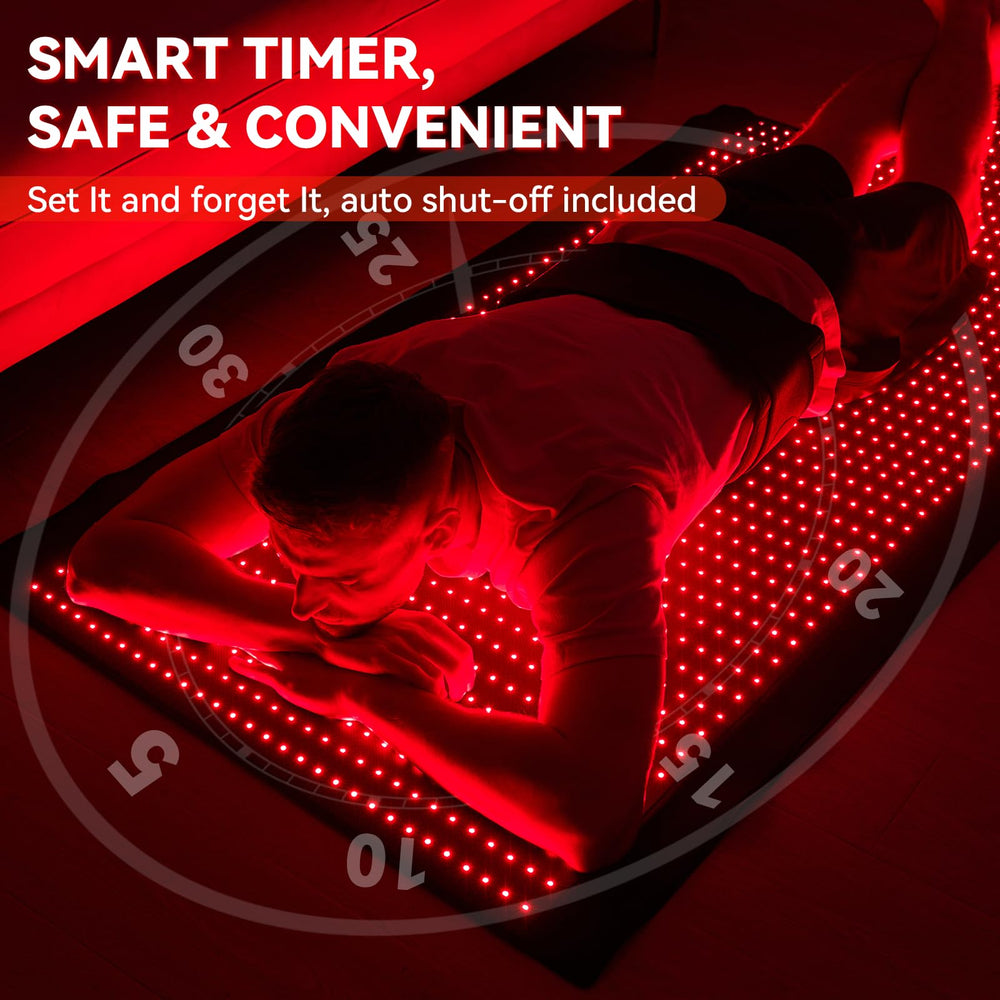 LPKP red light therapy mat remote control adjusts wavelength and timer remotely.