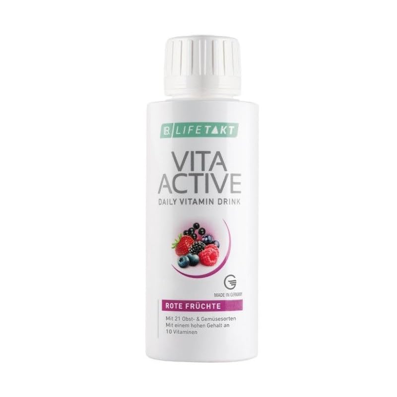 LR Lifetakt Vita Active Red Fruit Drink bottle pour demonstrates convenient daily vitamin boost