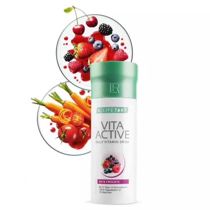 LR Lifetakt Vita Active Red Fruit Drink in hand suggests simple daily routine
