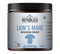 LRLA Superfoods Lion’s Mane powder canister close-up highlighting clean energy option