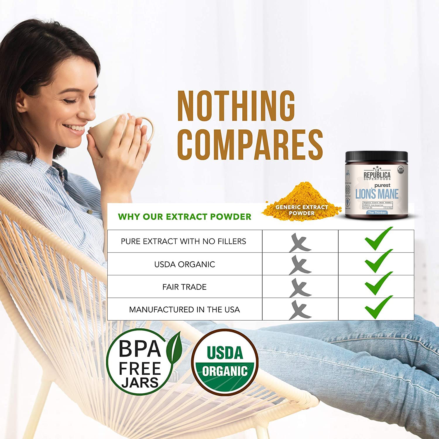 LRLA Lion’s Mane powder packaging showing USDA Organic seal