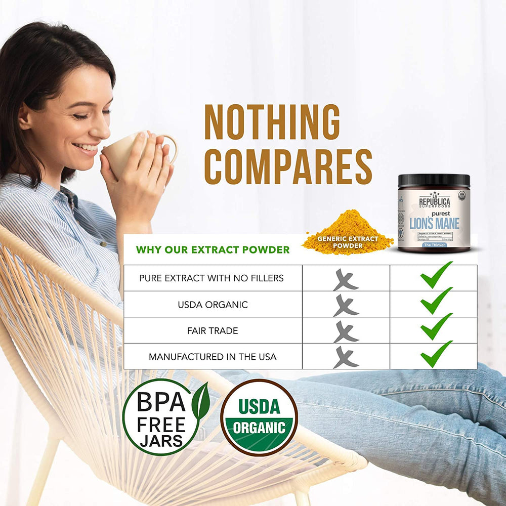 LRLA Lion’s Mane powder packaging showing USDA Organic seal