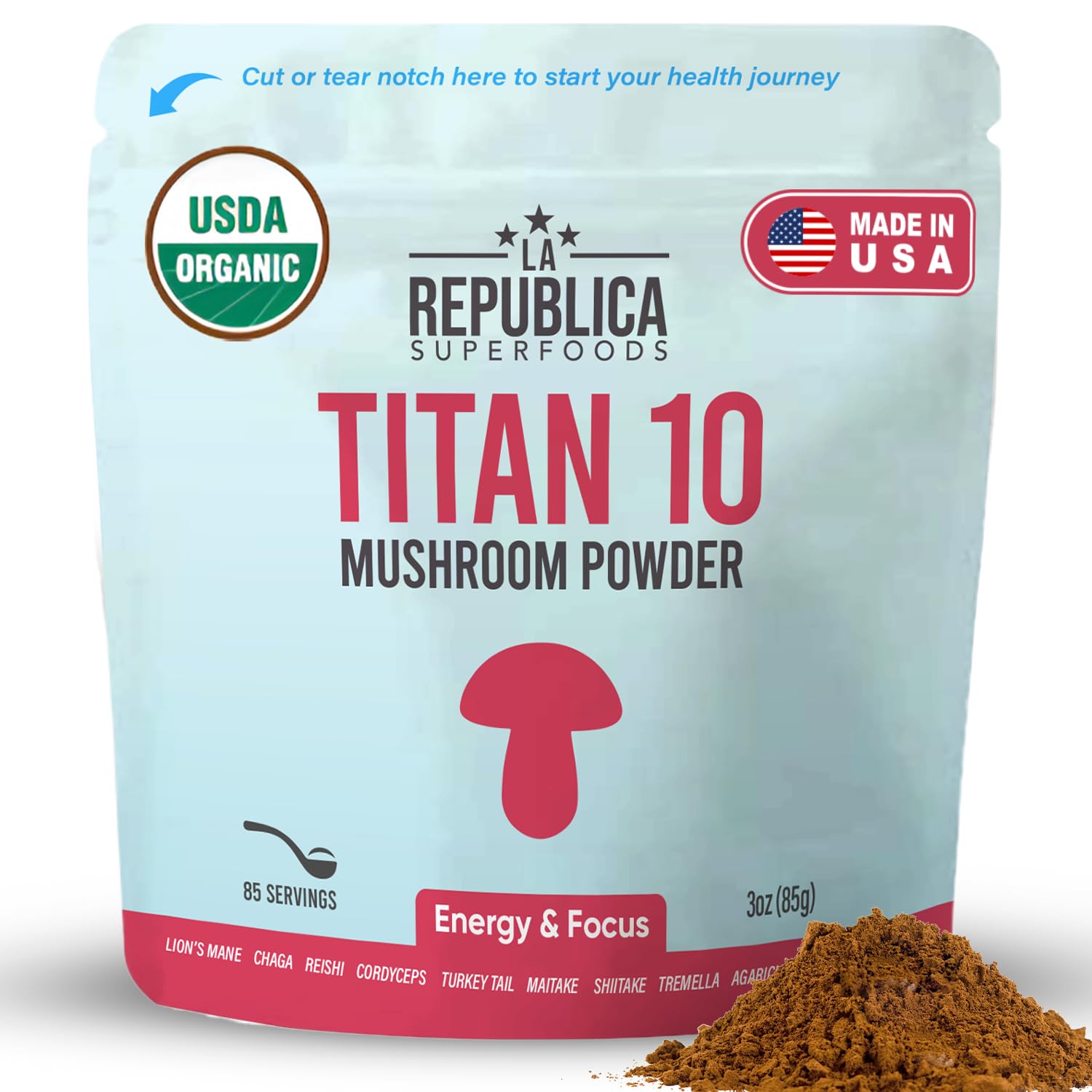 LRLA Titan 10 organic mushroom powder in a jar ready for daily use.