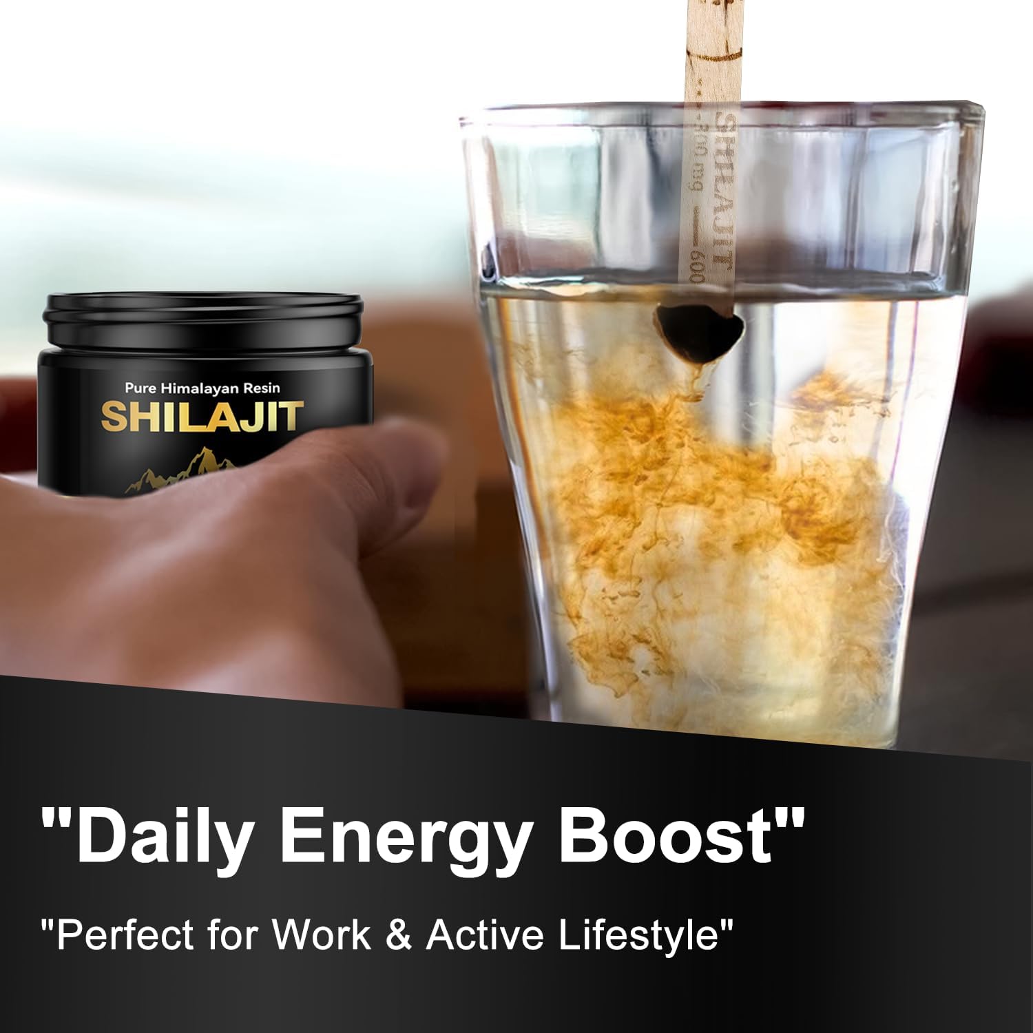 LSOIUX dissolving shilajit in warm water for easy beverage integration.