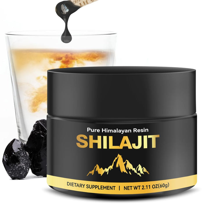 LSOIUX Himalayan Shilajit resin jar close-up showing gold texture for daily vitality.