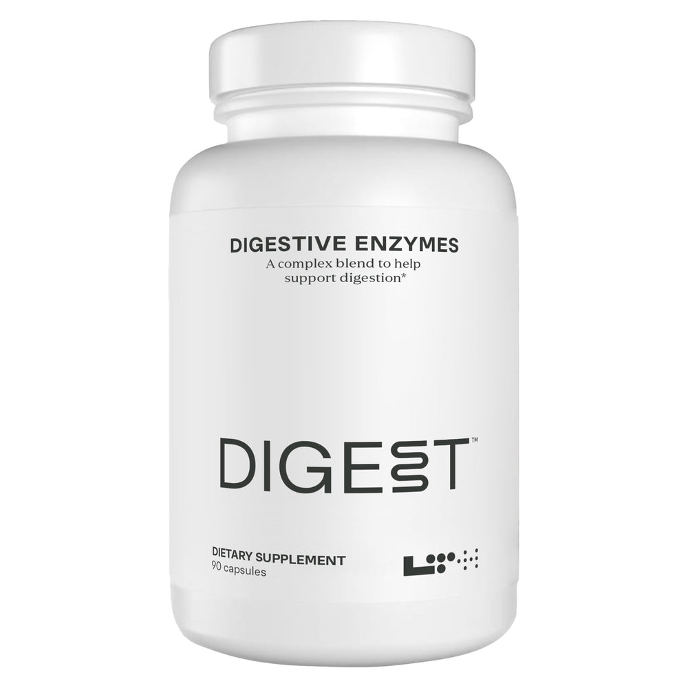 LTH Digestive Enzyme Complex bottle on desk showing broad-spectrum support for meals