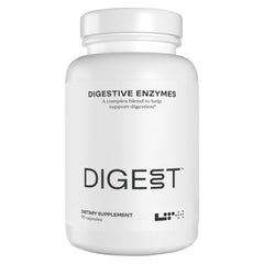 LTH Digestive Enzyme Complex bottle on desk showing broad-spectrum support for meals