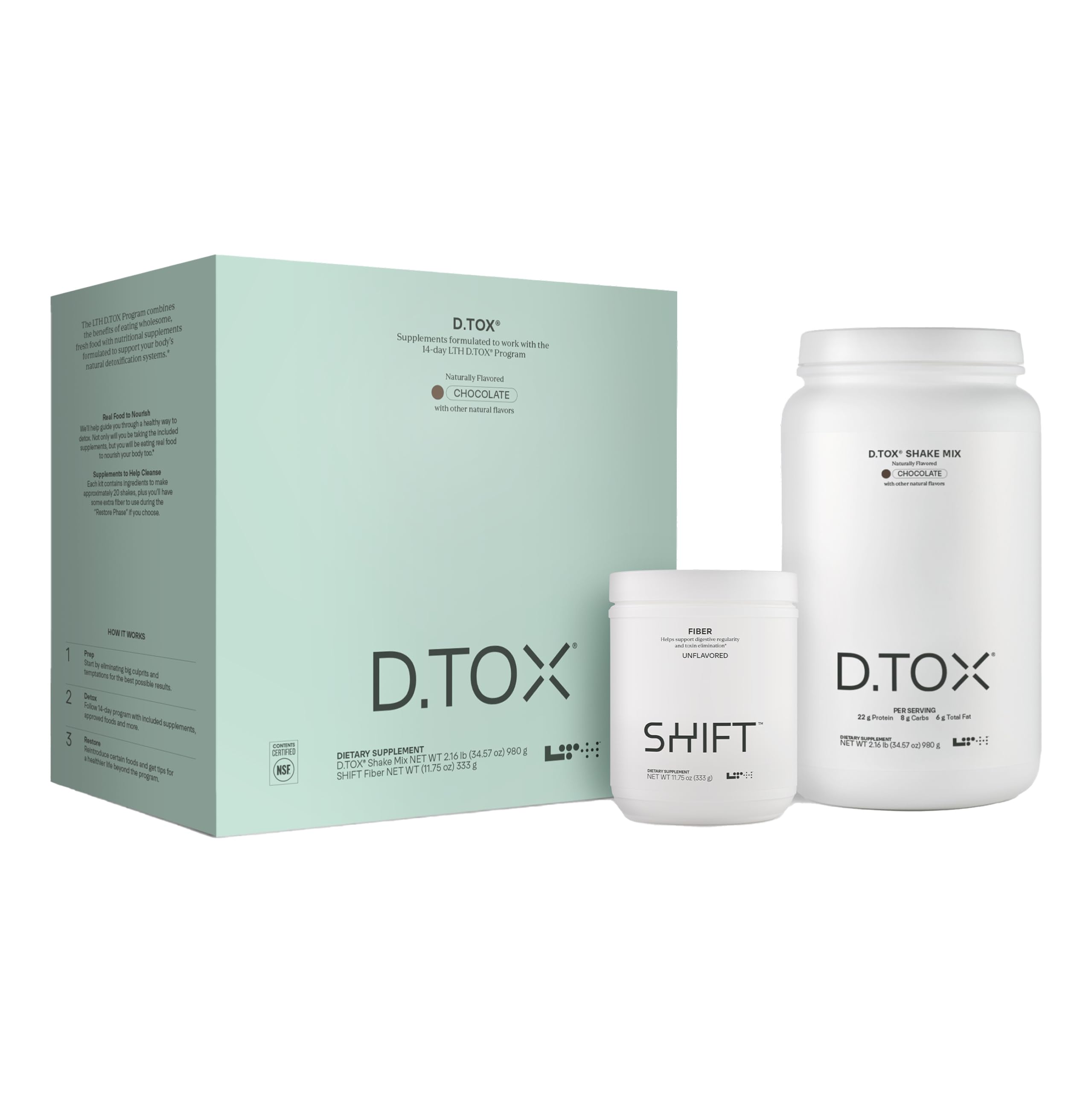 LTH D.TOX chocolate shake mix tub showing plant-based protein for metabolism support