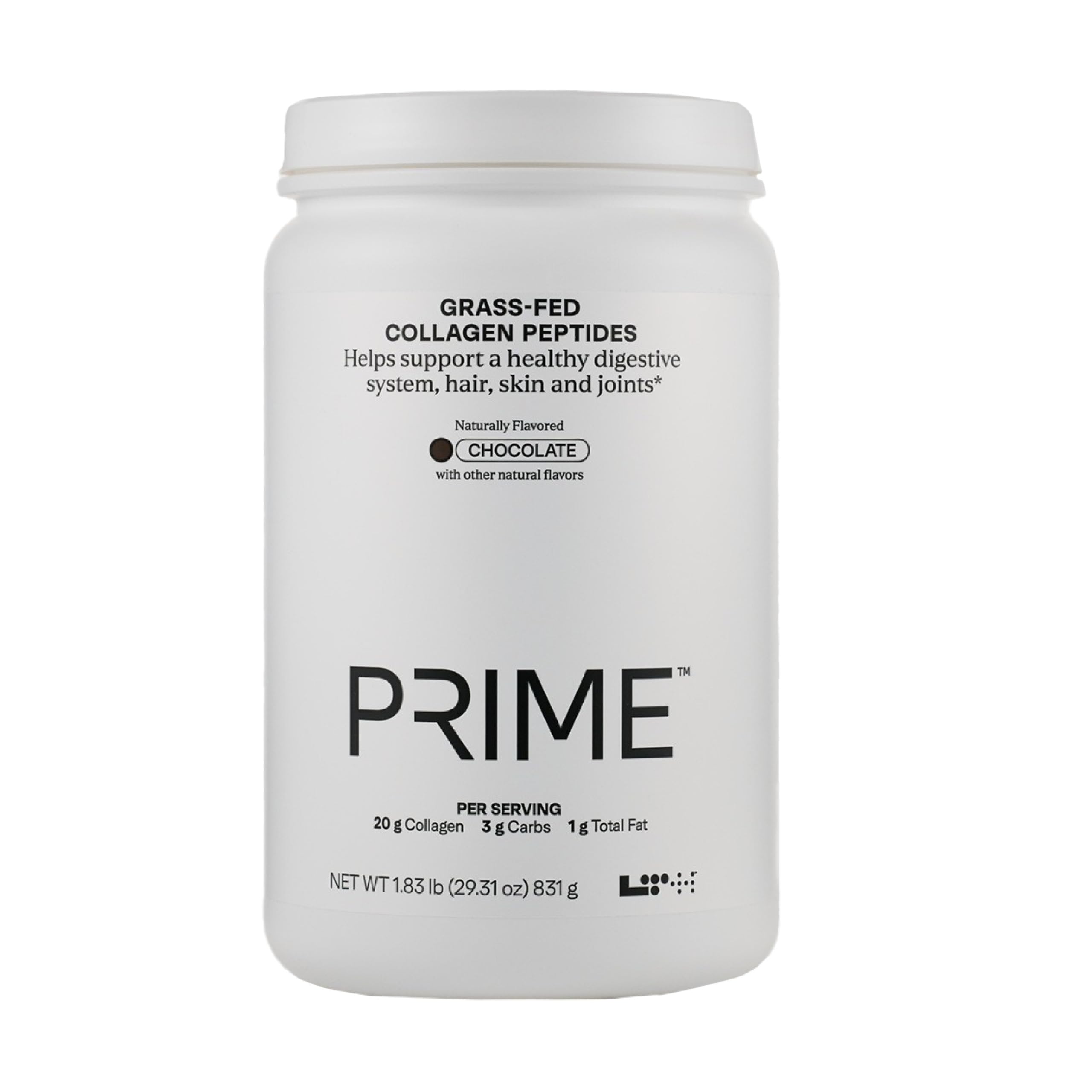 LTH Prime Collagen Peptides chocolate bottle highlights grass-fed sourcing for joint and skin benefits.
