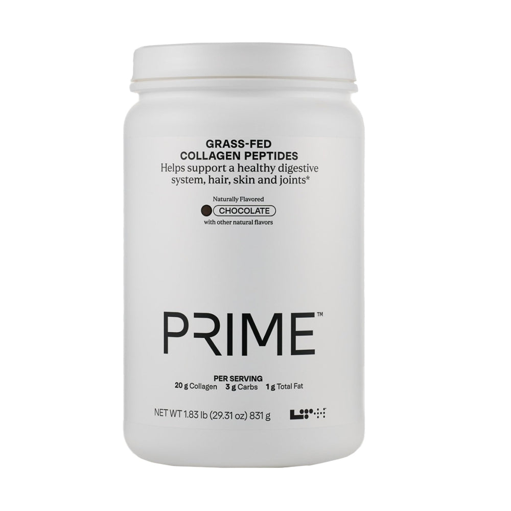 LTH Prime Collagen Peptides chocolate bottle highlights grass-fed sourcing for joint and skin benefits.