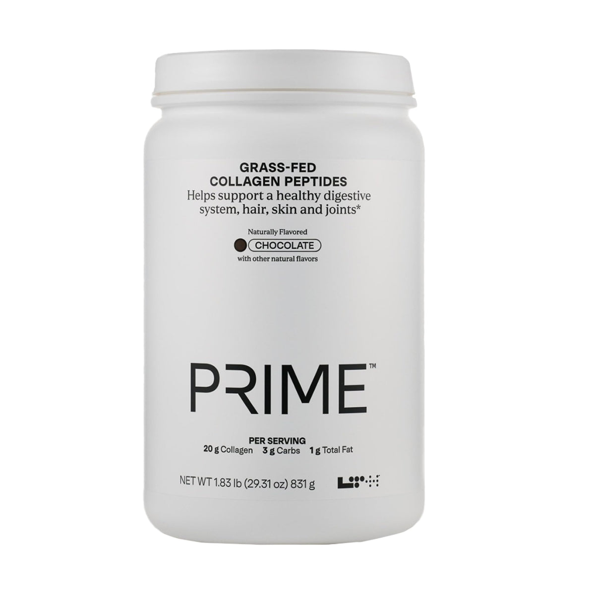 LTH Prime Collagen Peptides chocolate bottle highlights grass-fed sourcing for joint and skin benefits.