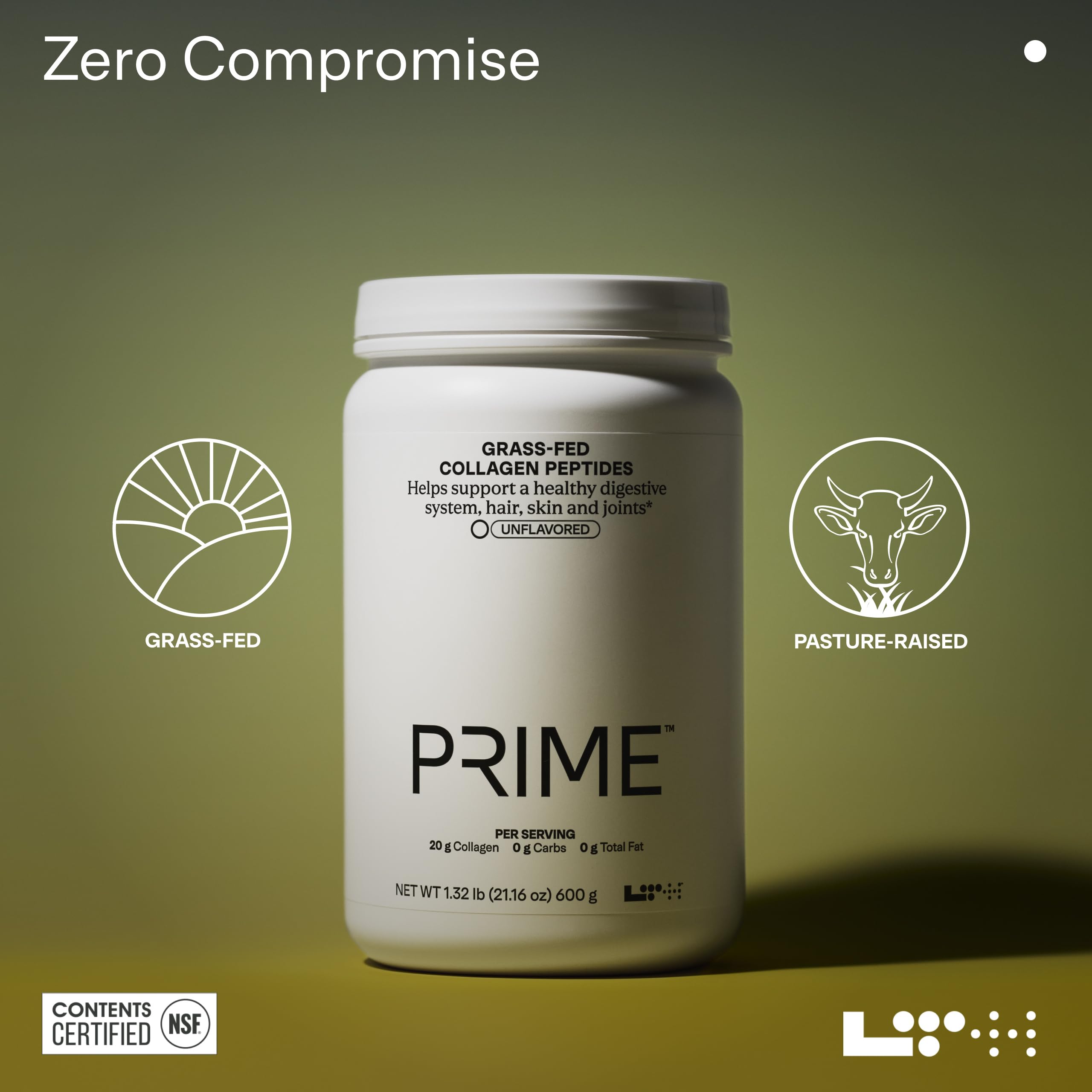 LTH Prime Collagen Peptides label close-up highlights NSF-certified quality.