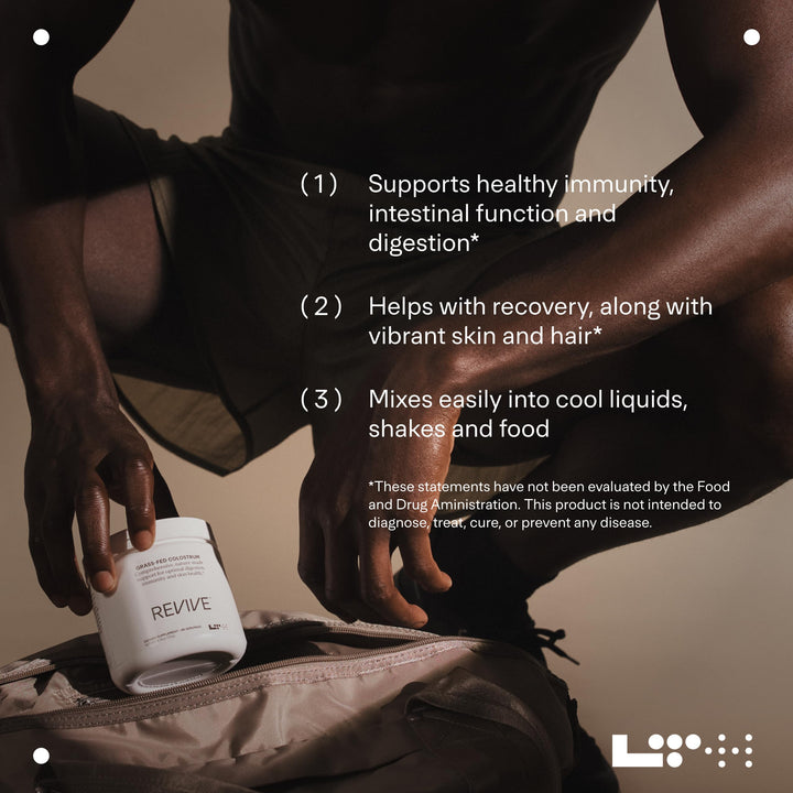 LTH Revive packaging box detail communicates grass-fed origin and quality.