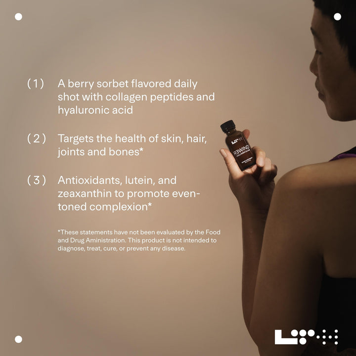 Close-up of berry-sorbet flavor hints at antioxidant blend supporting even tone.