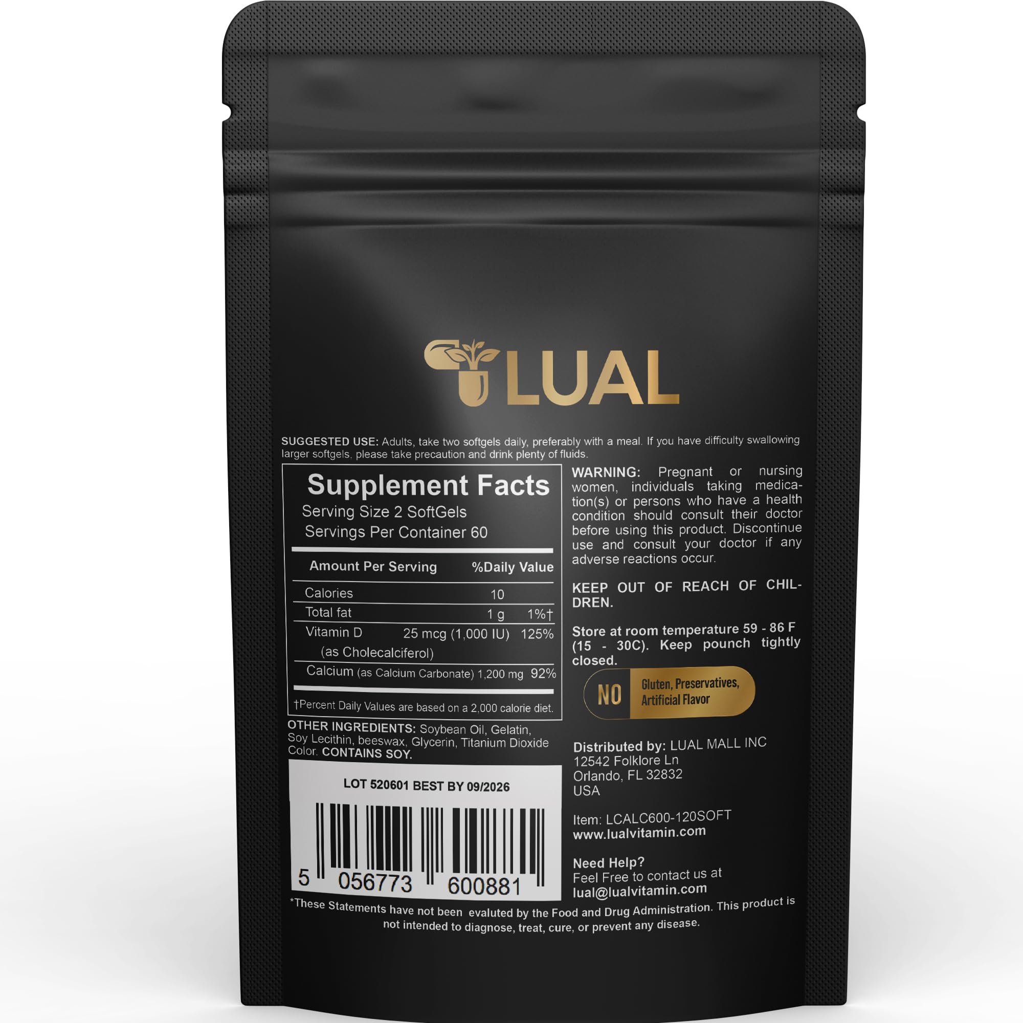 LUAL Calcium 600 mg with Vitamin D3 bottle side label, details calcium and absorption support.