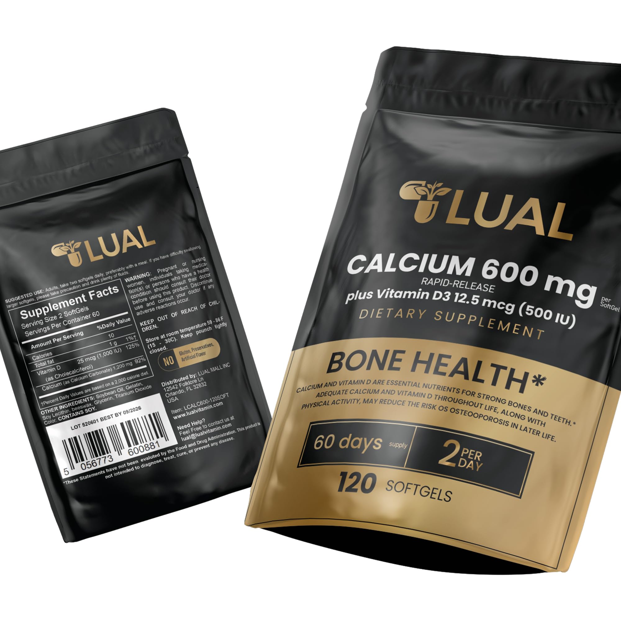 LUAL Calcium softgels close-up, smooth to swallow and rapid-release action.