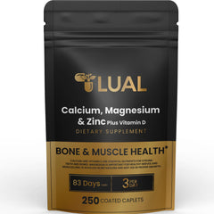 LUAL calcium magnesium zinc vitamin D3 caplets bottle, supports bone and muscle health