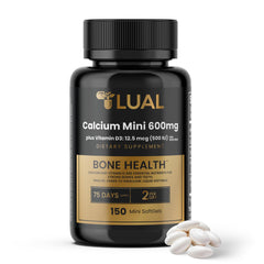 LUAL Calcium Minis bottle showcasing tiny, easy-to-swallow softgels for daily use.