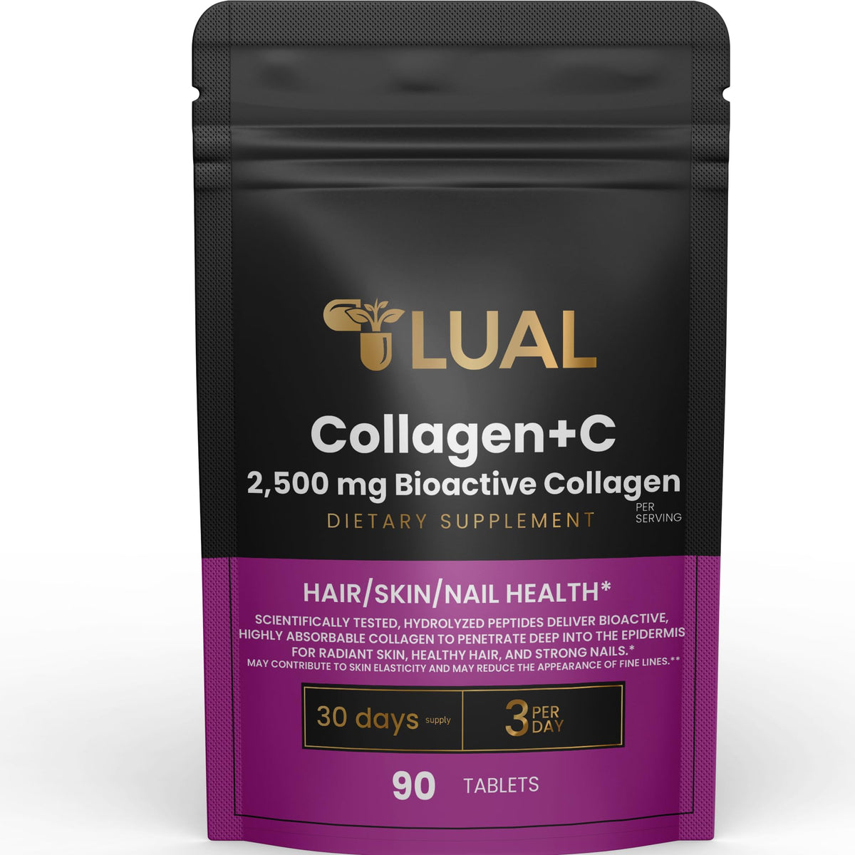 LUAL Collagen Plus Vitamin C bottle close-up highlights collagen and vitamin C for skin vitality