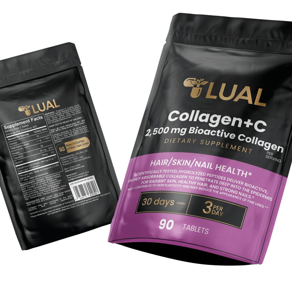 LUAL label detail showing 2,500 mg collagen and 60 mg vitamin C