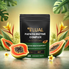 Product packaging of LUAL Papaya Enzyme Complex highlighting USA-made quality