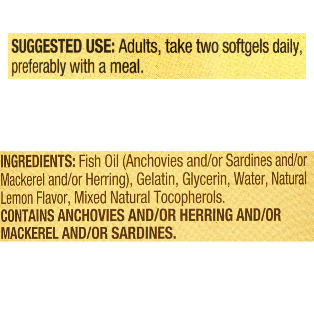 LUAL Spring Valley Omega-3 Mini label highlights non-GMO and gluten-free.