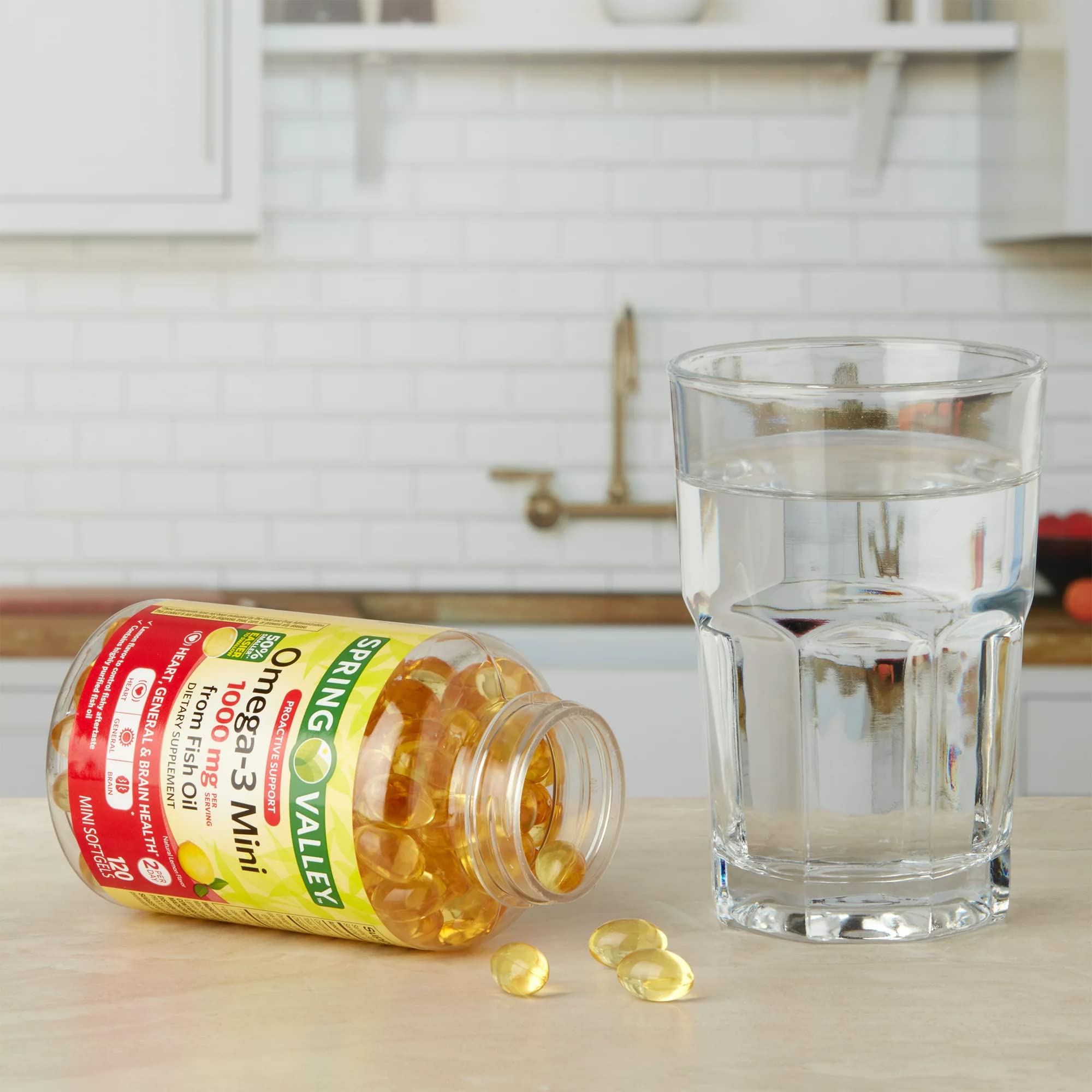 LUAL Spring Valley Omega-3 Mini lemon flavor reduces fishy aftertaste.