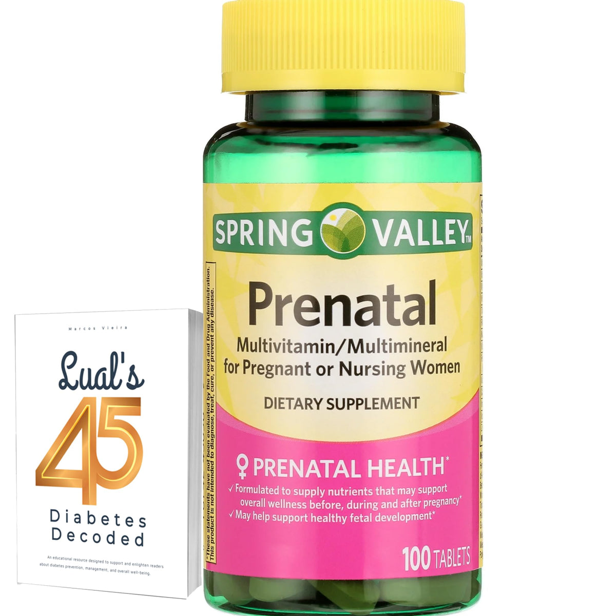 LUAL Spring Valley prenatal bottle front showing 100-tablet supply for pregnancy support.